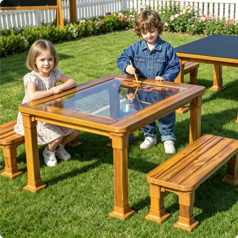 Children using customized outdoor learning furniture
