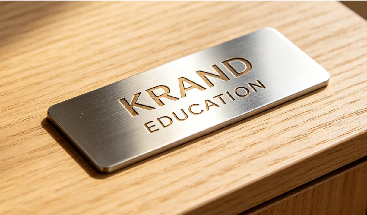 Stainless steel logo nameplate on wooden furniture