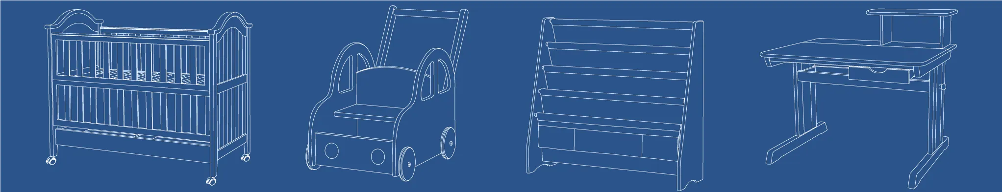 Technical line drawings of children&rsquo;s furniture