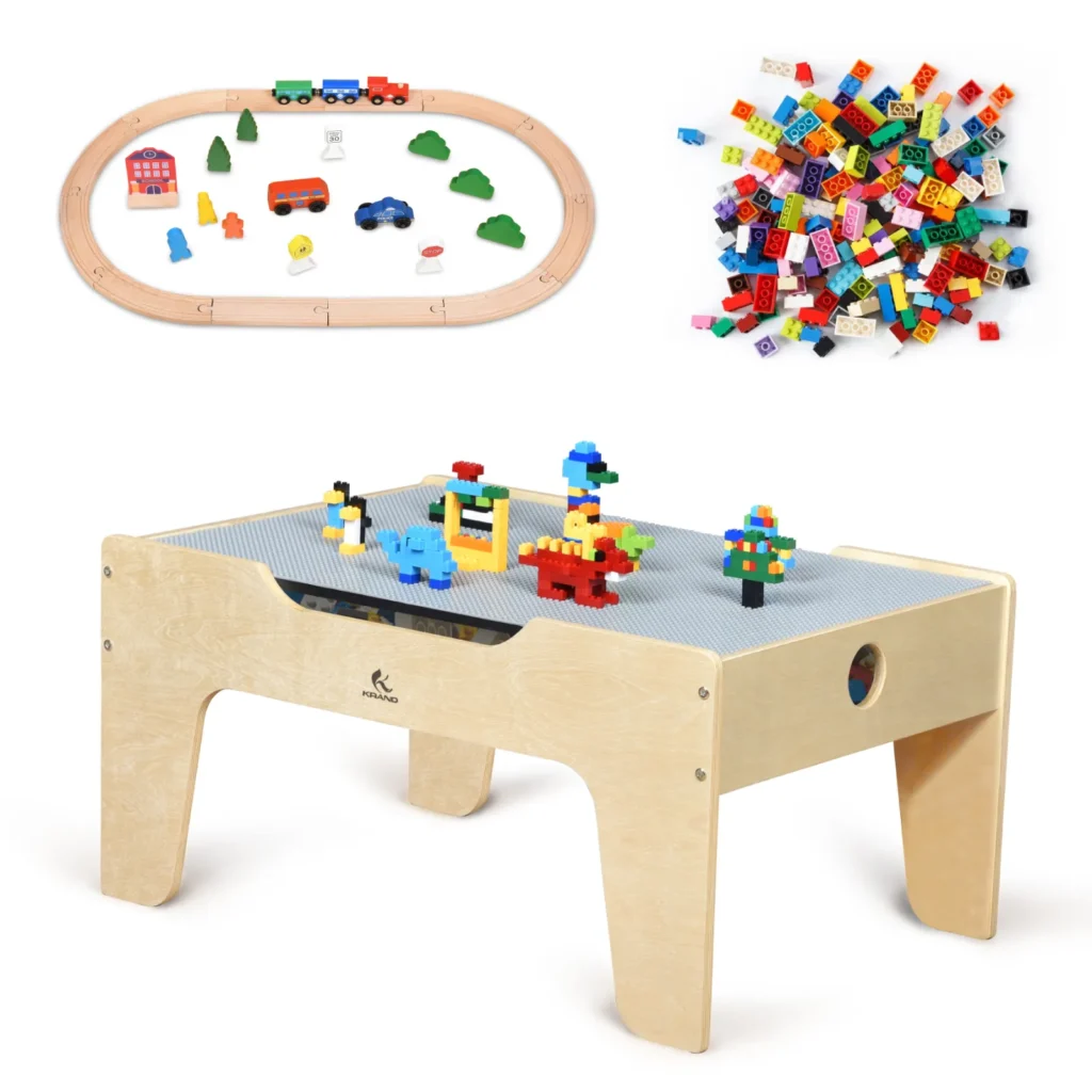Kids activity play table with big-peg baseplate, 60 large building blocks and wooden train set