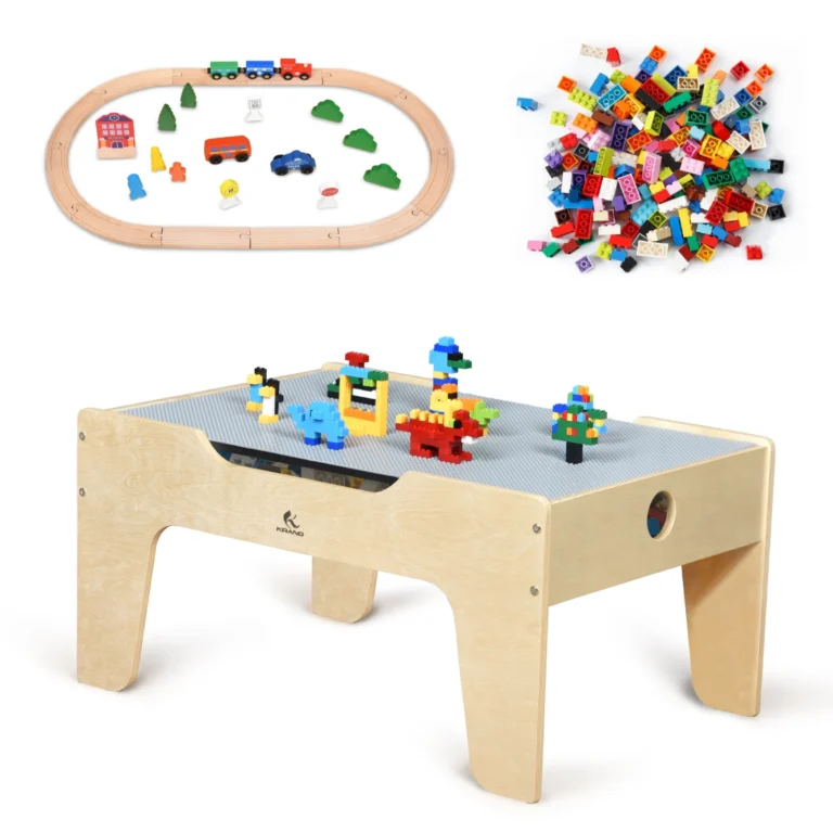Kids activity play table with big-peg baseplate, 60 large building blocks and wooden train set
