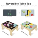 Reversible table top: chalkboard for drawing on one side, big-peg baseplate on the other