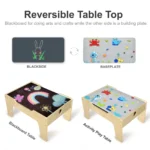 Reversible table top: chalkboard side and small-brick baseplate side