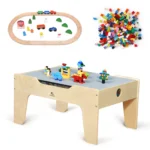 Activity play table with 290 building bricks and 30-piece wooden train track set