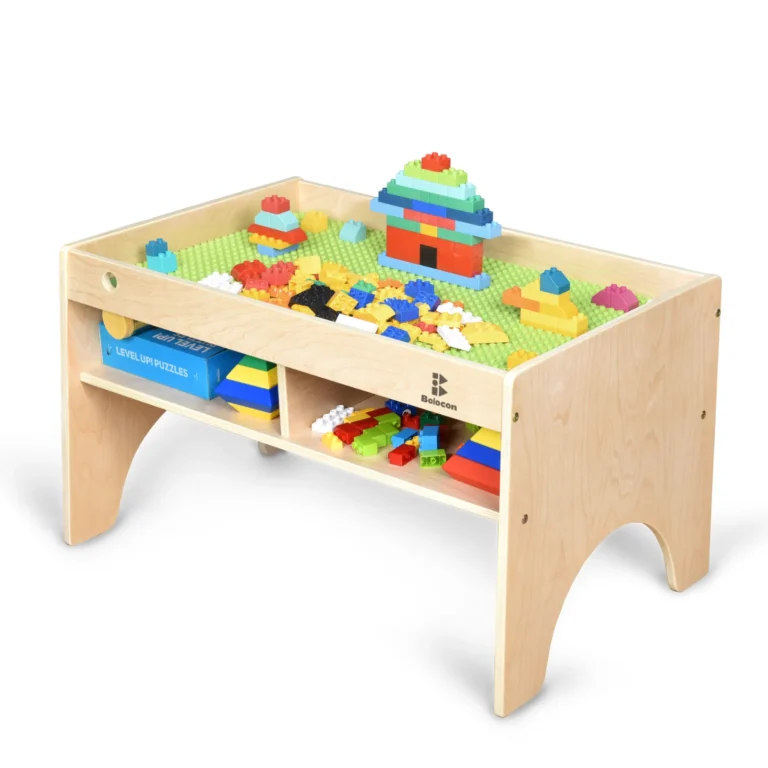 Kids activity table with four storage compartments, building baseplate and train track set
