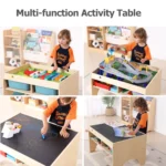 Collage of the multi-function activity table used for bricks, trains and crafts