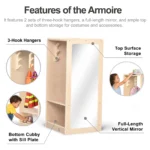 Feature callouts of the dress up center: 3-hook hangers, top surface storage, bottom cubby and full-length vertical mirror