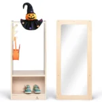 Compact birch plywood kids dress up center with full-length mirror and two hook panels
