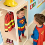 Boy in a firefighter costume at the dress up center in a classroom