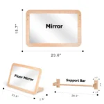 Dimensions diagram of the mirror, floor stand and support bar