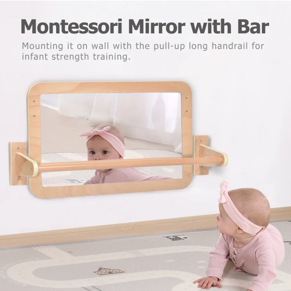 Montessori baby mirror used as a floor mirror and as a wall mirror with pull-up bar
