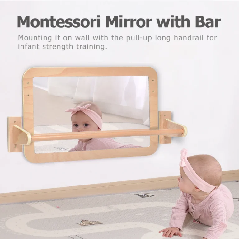 Montessori baby mirror used as a floor mirror and as a wall mirror with pull-up bar
