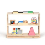 Storage cabinet holding books, blocks and educational toys