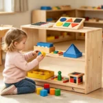 Girl playing with a sorting toy beside the open storage cabinet
