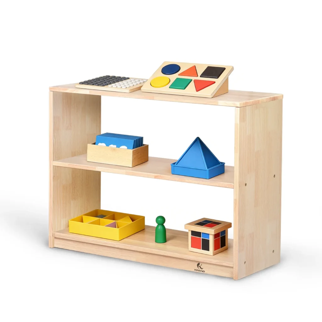 Two-tier open storage cabinet with four cubbies and floating shelves