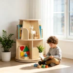 Boy reading on the floor beside the two-tier rotating bookshelf