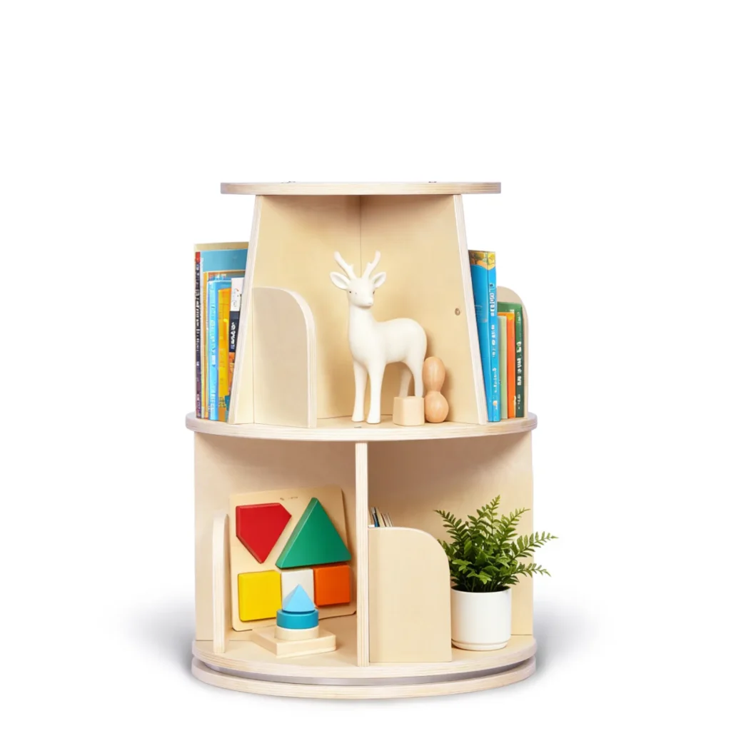 Round two-tier rotating bookshelf holding books and toy storage