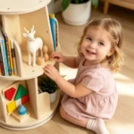 Toddler reaching for a book on the rotating bookshelf