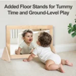 The mirror on its triangular floor stands for tummy time and ground level play
