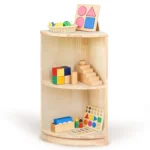 Three-tier quarter-round corner shelf with open storage for toys and books
