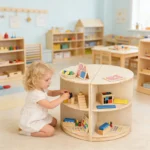 Toddler stacking blocks on the corner storage shelf in a classroom