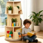 Boy reading beside the rotating bookshelf in a living room corner