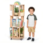 Three-tier 360 degree rotating bookshelf tower on lockable casters