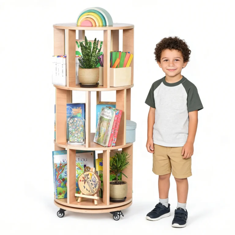 Three-tier 360 degree rotating bookshelf tower on lockable casters