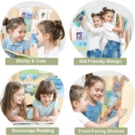 Collage of children using the sturdy front-facing bookcase