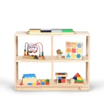 Storage bookcase filled with books, blocks and sorting toys