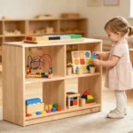 Toddler taking a toy from the cubby storage bookcase