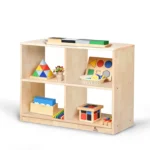 Four-cubby wooden storage bookcase with two tiers of open shelves