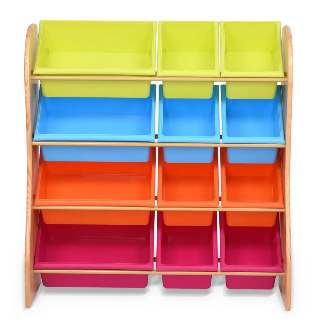 Four-tier solid pine toy storage cabinet with colourful plastic bins