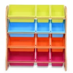 Four-tier solid pine toy storage cabinet with colourful plastic bins