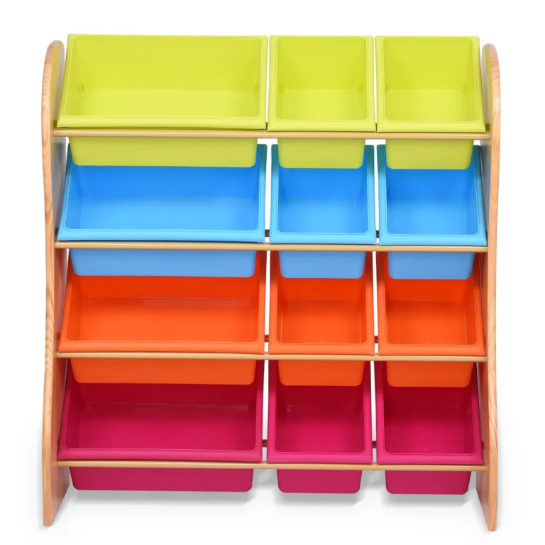Four-tier solid pine toy storage cabinet with colourful plastic bins