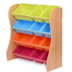 The storage cabinet loaded with bright PP bins for sorting toys