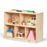 Closed-back toy storage cabinet with five open compartments