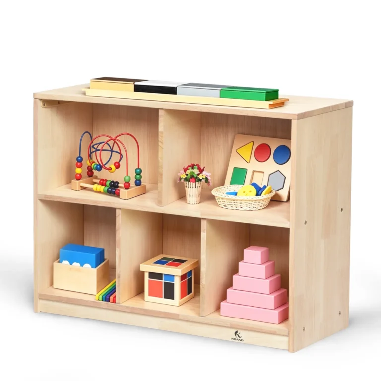 Closed-back toy storage cabinet with five open compartments