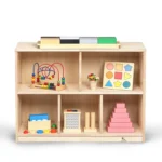 Storage cabinet filled with books and educational toys