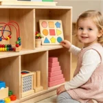 Child taking a book from the open compartment at kid height