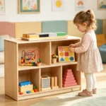 Toddler choosing a toy from the modular storage cabinet