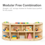 Straight and curved storage cabinets combined into one long unit
