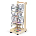 Mobile wooden art drying rack with 24 wire shelves for children's artwork