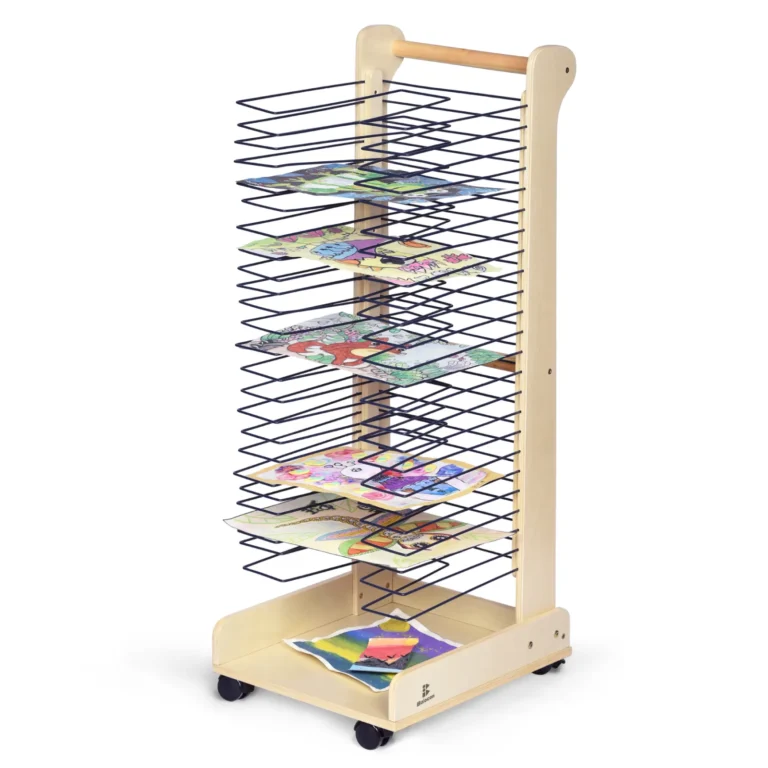 Mobile wooden art drying rack with 24 wire shelves for children's artwork