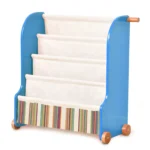 Blue car-shaped five-tier sling book rack with deep canvas pockets