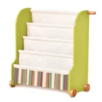 Green car-shaped five-tier sling book rack with deep canvas pockets