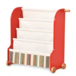 Red car-shaped five-tier sling book rack with deep canvas pockets