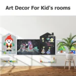 Wall activity boards and storage boxes used as art decor in a kid's room