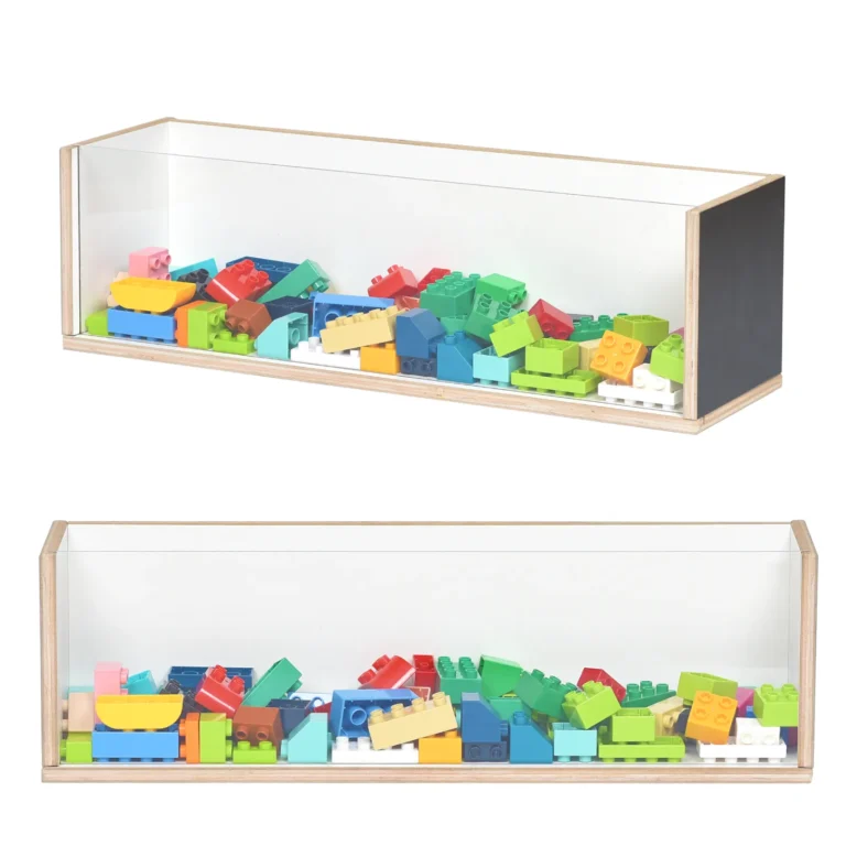 Wall mounted clear acrylic toy storage box with a wooden frame and a rear view