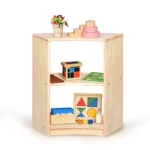 Corner storage shelf holding books, blocks and sorting toys